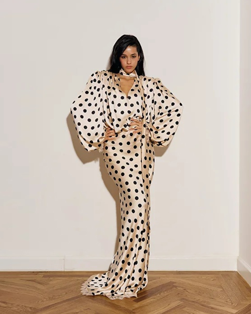 Elegant Beige Black Polka Dot Satin Two Piece Set with Bishop Sleeves