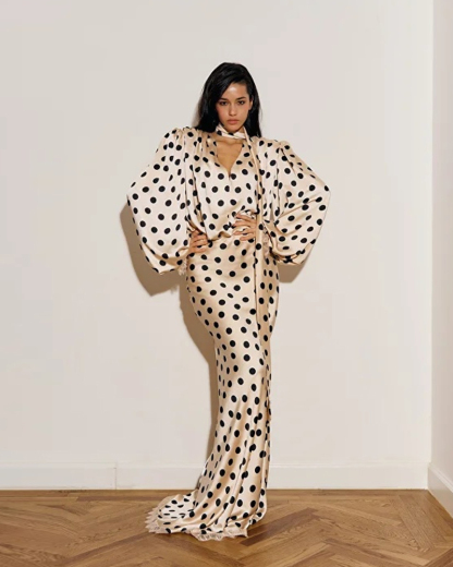 Elegant Beige Black Polka Dot Satin Two Piece Set with Bishop Sleeves