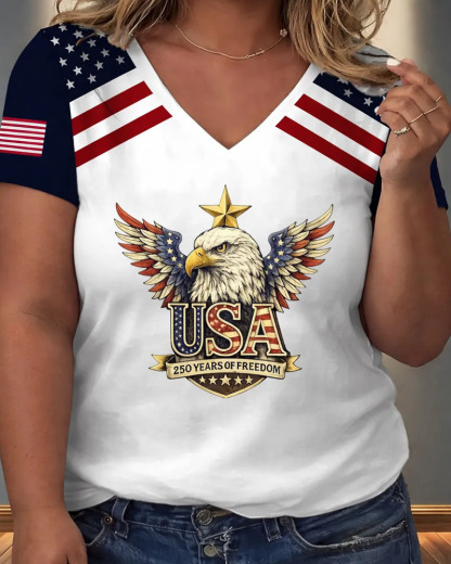 Plus Size V Neck Usa Eagle American Flag 250 Years Of Freedom Print Casual T Shirt 