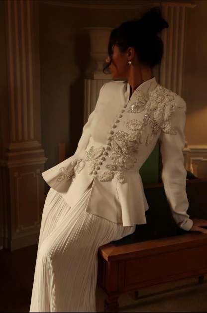 Vintage Embroidered Blazer & Pleated Skirt Set