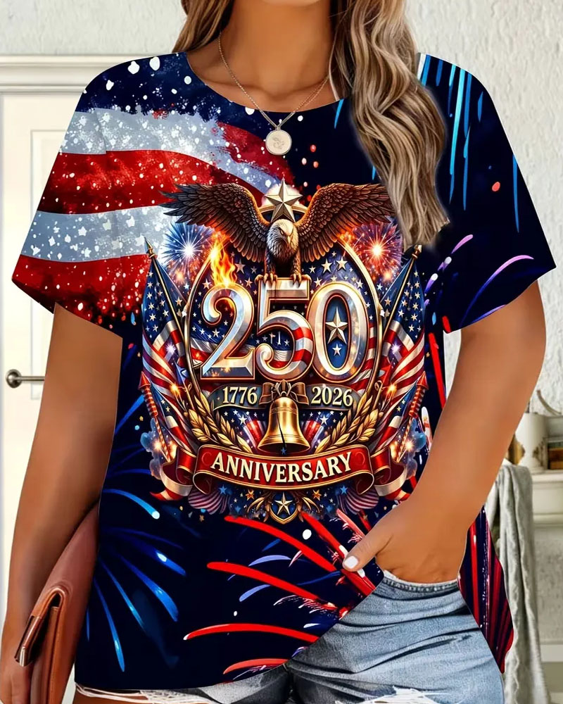 Plus Size USA 250th Anniversary Edition Fully Printed Short Sleeve Loose Fit T-Shirt