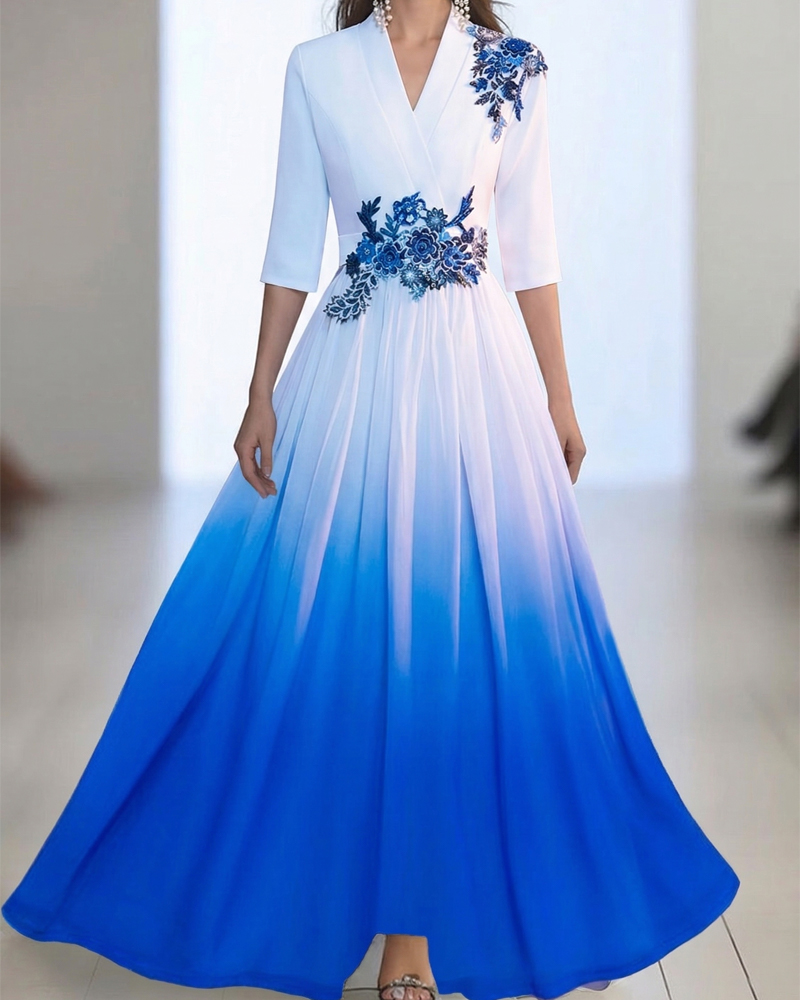 Stunning Blue White Gradient Embroidered Maxi Dress, V-Neck 3/4 Sleeve Formal Evening Party Gown