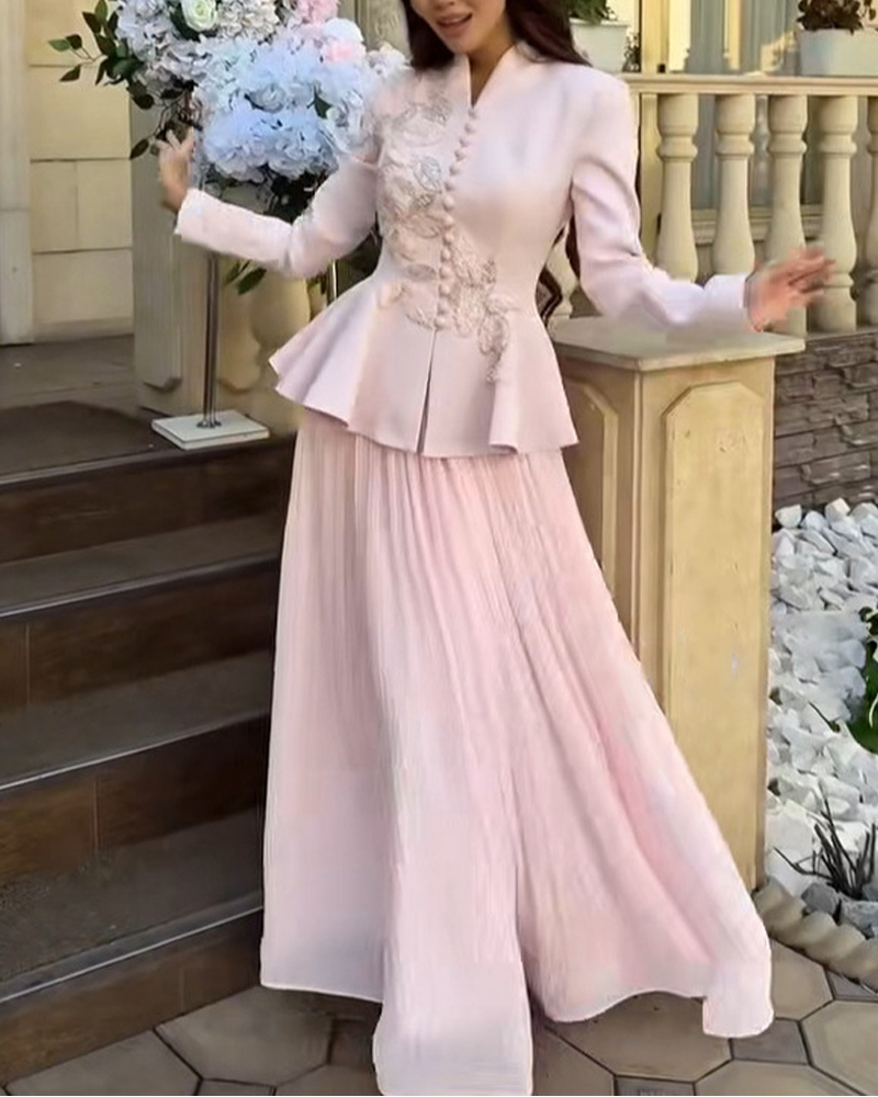 Vintage Embroidered Blazer & Pleated Skirt Set