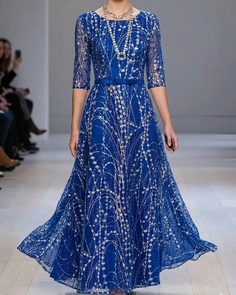 Luxury Royal Blue Silver Embellished Maxi Dress, 3/4 Sleeve A-Line Formal Cocktail Evening Gown