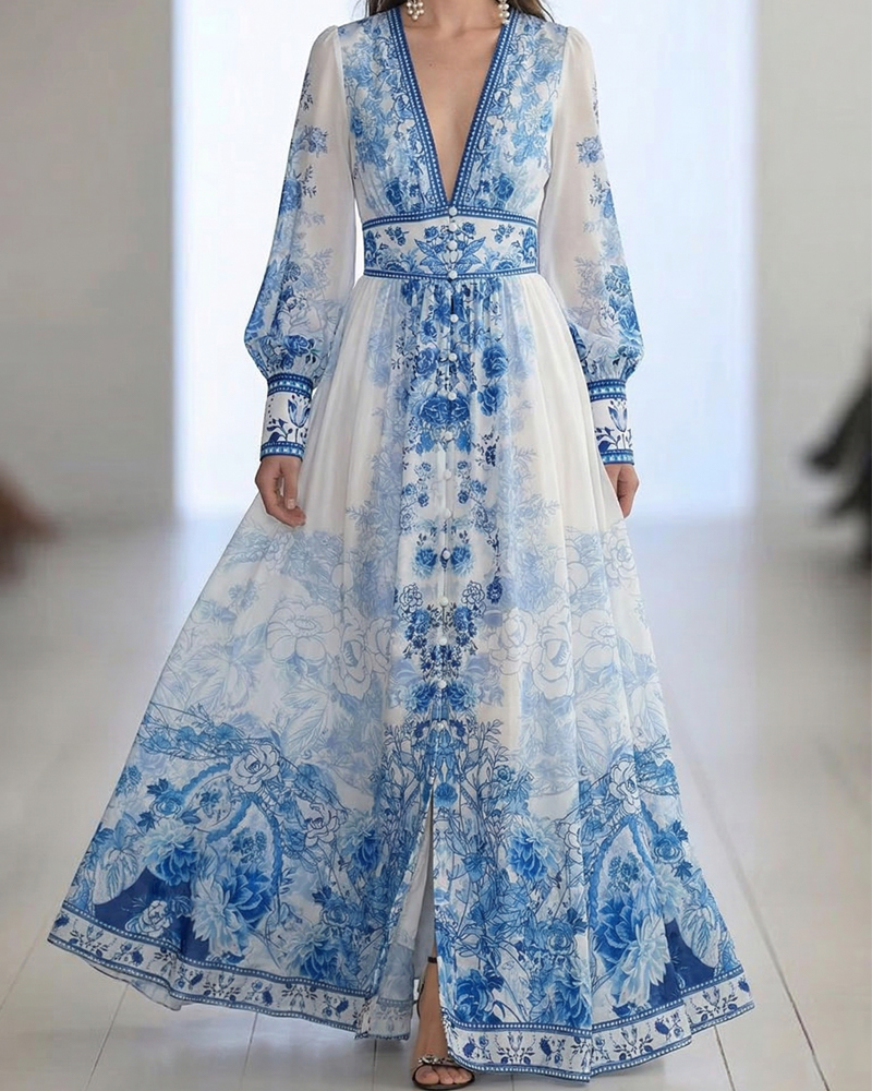 Classic Porcelain Floral Print V Neck Maxi Dress, Ruffle Hem Chiffon Long Dress