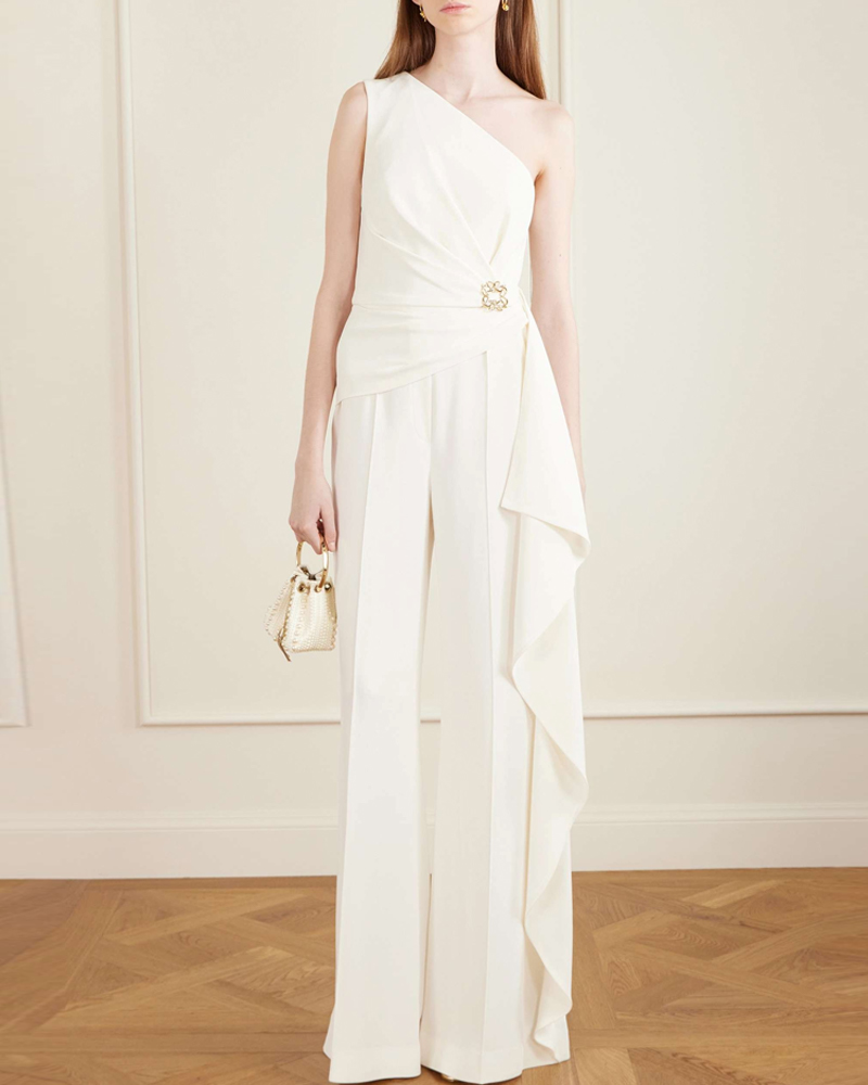Luxury One Shoulder Ruffle Wide Leg Jumpsuit, Formal Evening Jumpsuit
