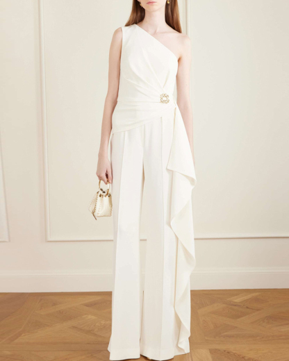 Luxury One Shoulder Ruffle Wide Leg Jumpsuit, Formal Evening Jumpsuit