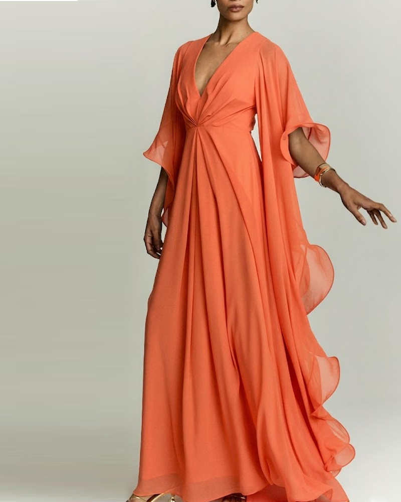 Coral Orange Flowy Chiffon Maxi Dress with Cape Sleeves