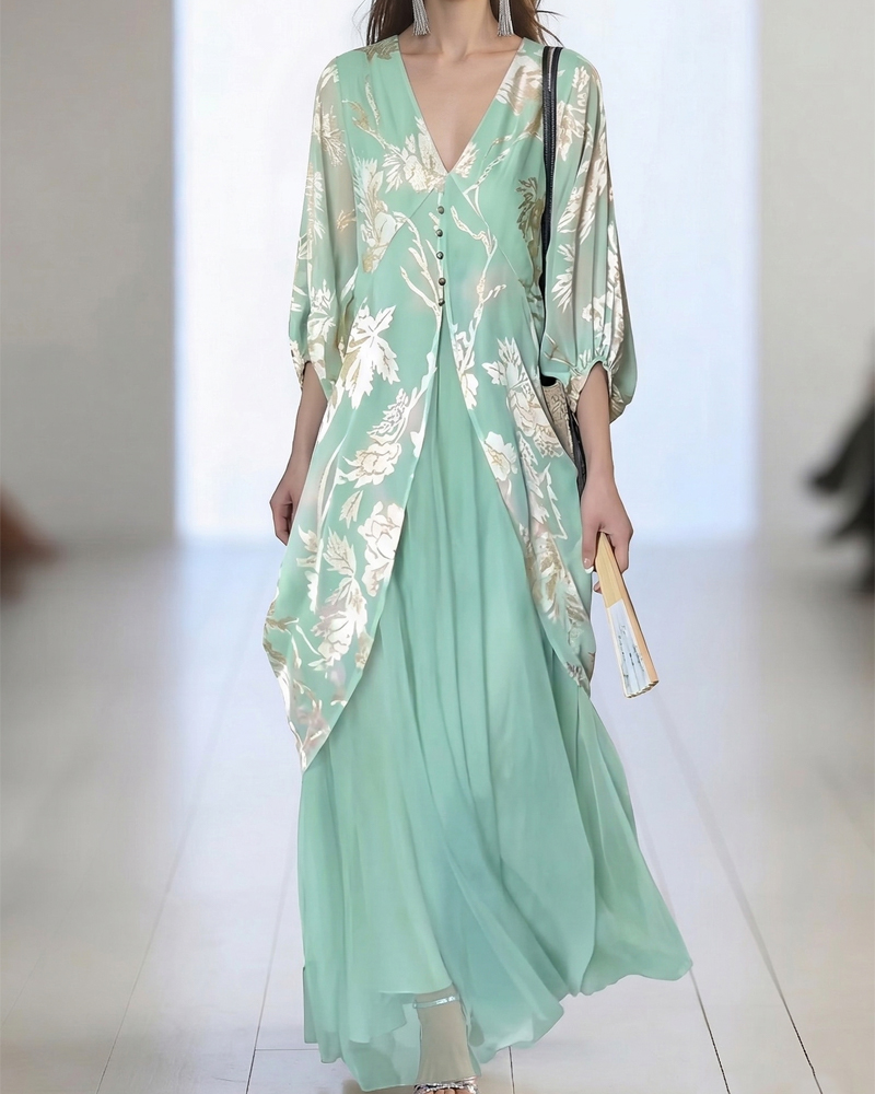 Boho Mint Green Gold Foil Print Maxi Dress, V-Neck 3/4 Sleeve Flowy Casual Beach Long Dress