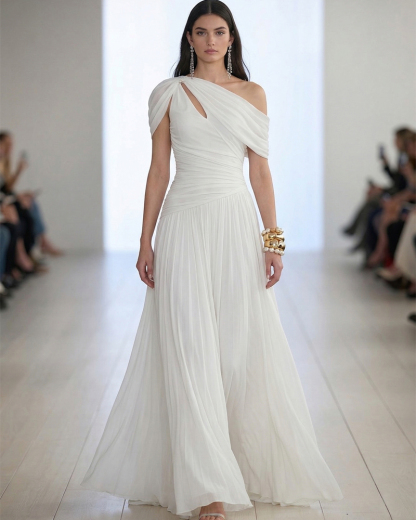 Chic One Shoulder Cutout Pleated Maxi Dress, Flowy Swing Formal Evening Gown