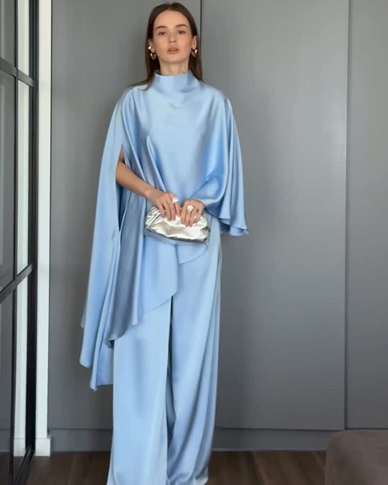 Satin Lake Blue Cape Jumpsuit, High Neck Flowy Long Pants One-Piece for Party
