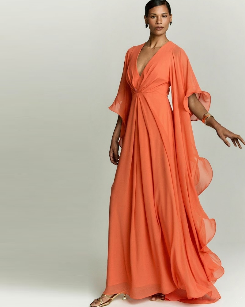 Coral Orange Flowy Chiffon Maxi Dress with Cape Sleeves