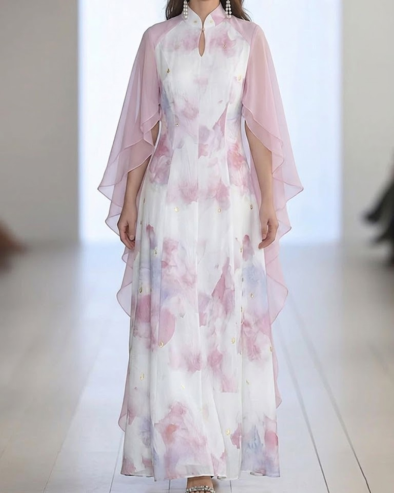 Elegant Pink White Tie-dye Print Cheongsam Maxi Dress, Flowy Chiffon Cape Sleeve Formal Evening Gown