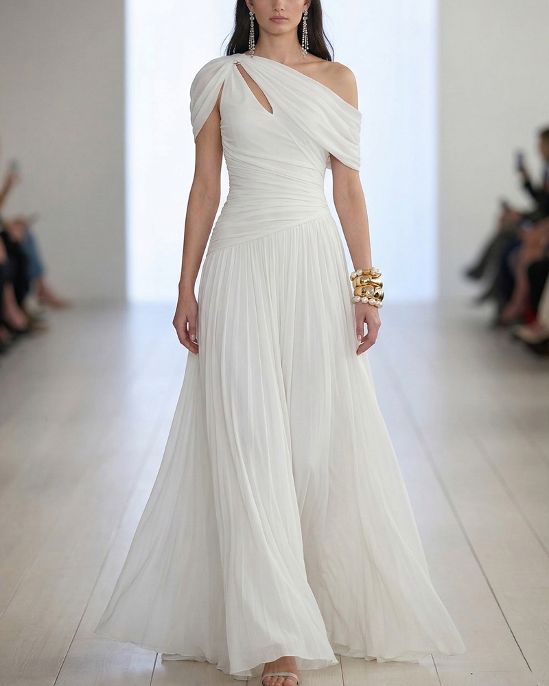 Chic One Shoulder Cutout Pleated Maxi Dress, Flowy Swing Formal Evening Gown