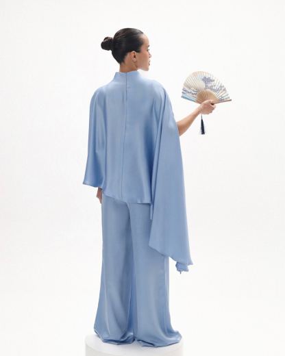 Satin Lake Blue Cape Jumpsuit, High Neck Flowy Long Pants One-Piece for Party