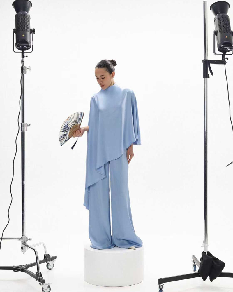 Satin Lake Blue Cape Jumpsuit, High Neck Flowy Long Pants One-Piece for Party