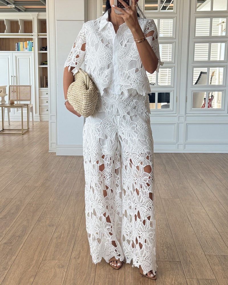 White Floral Lace 2 Piece Wide Leg Pants Set