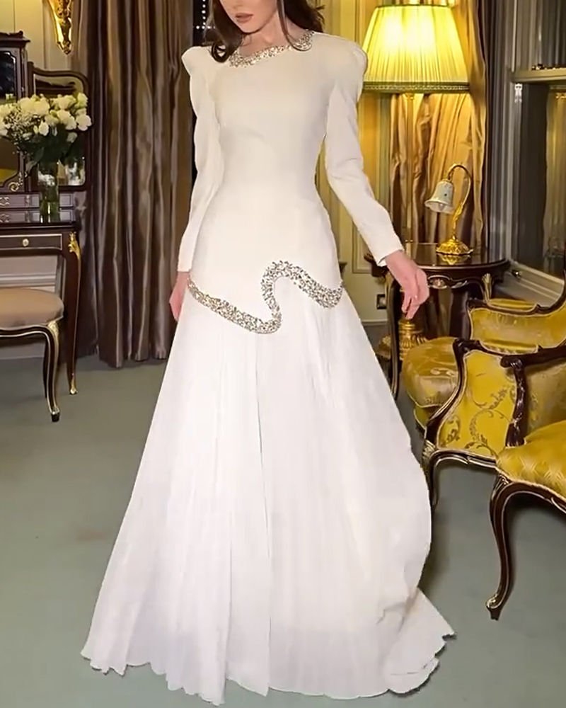 Luminous Pure White Long Dress Set with Rhinestone Trim