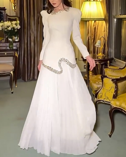 Luminous Pure White Long Dress Set with Rhinestone Trim