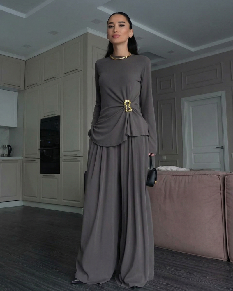 Elegant Charcoal Gray Ruched Waist Wide Leg Pants Set, Long Sleeve Casual Top & Pants Suit