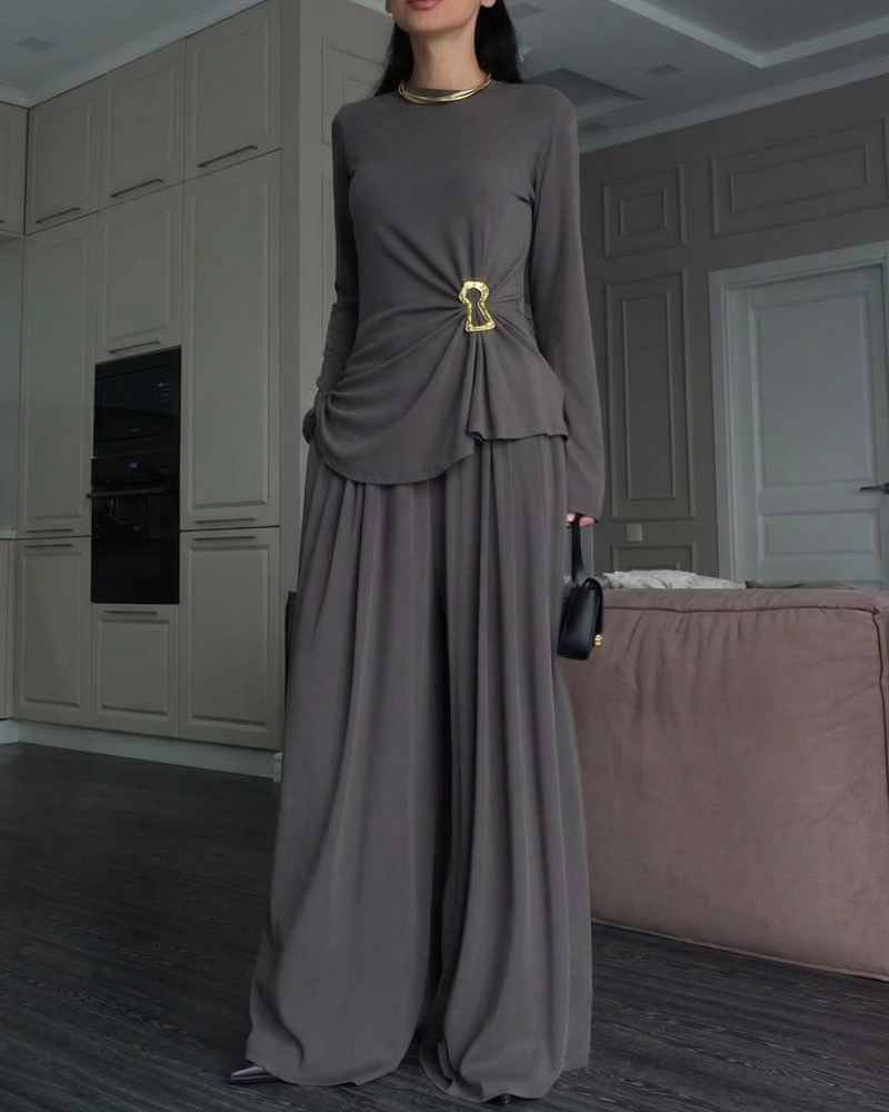 Elegant Charcoal Gray Ruched Waist Wide Leg Pants Set, Long Sleeve Casual Top & Pants Suit