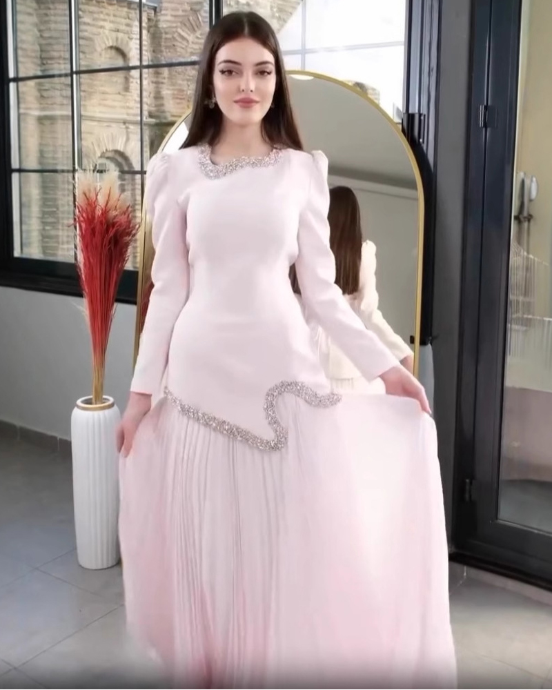 Luminous Pure White Long Dress Set with Rhinestone Trim