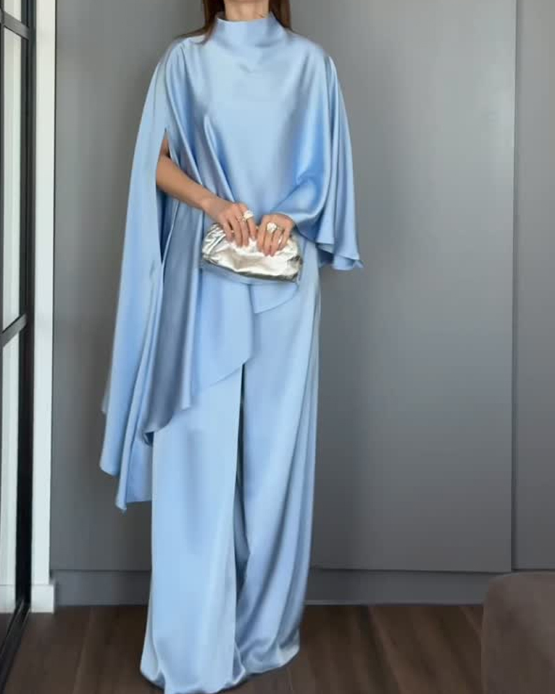 Satin Lake Blue Cape Jumpsuit, High Neck Flowy Long Pants One-Piece for Party