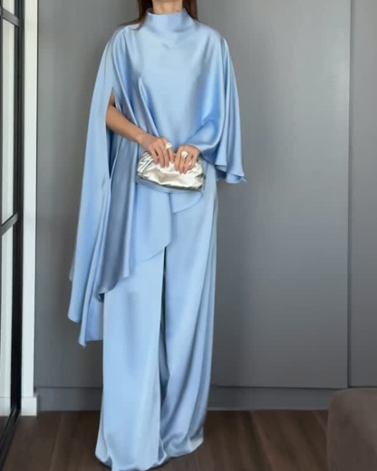 Satin Lake Blue Cape Jumpsuit, High Neck Flowy Long Pants One-Piece for Party