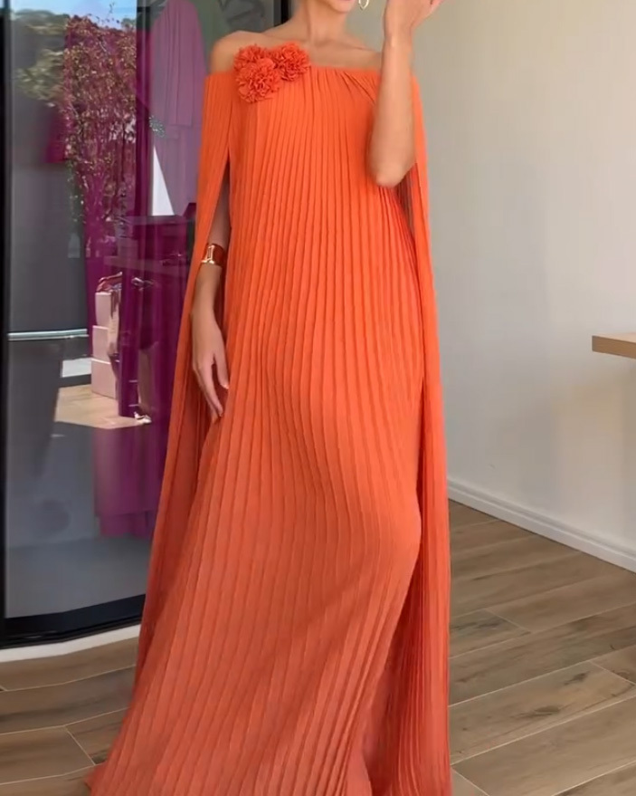 Off-the-Shoulder Pleated Dress with Shawl Detail