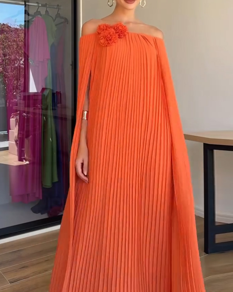 Off-the-Shoulder Pleated Dress with Shawl Detail