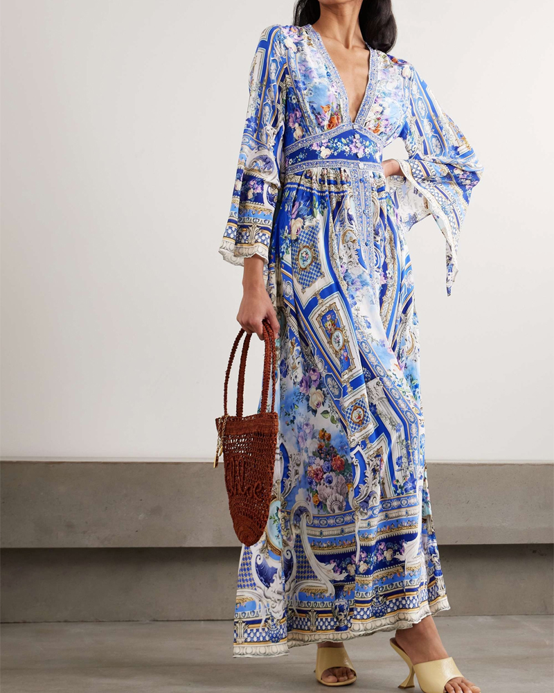 Boho Blue White Floral Print V Neck Flare Sleeve Maxi Dress, Vacation Long Dress