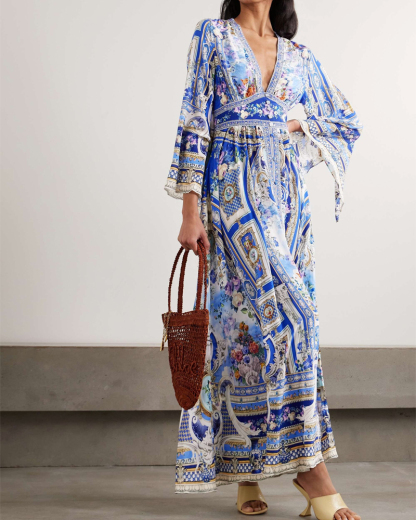 Boho Blue White Floral Print V Neck Flare Sleeve Maxi Dress, Vacation Long Dress