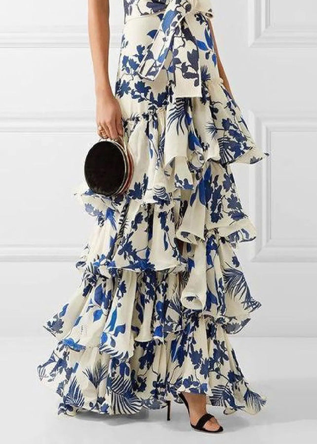 Bohemian Vacation Style Ruffled Print Dress Sleeveless