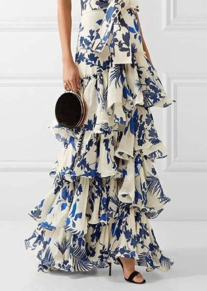 Bohemian Vacation Style Ruffled Print Dress Sleeveless