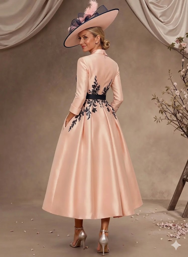 Elegant Pink Satin Embroidered Midi Dress