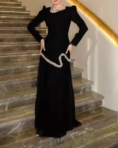 Luminous Pure White Long Dress Set with Rhinestone Trim