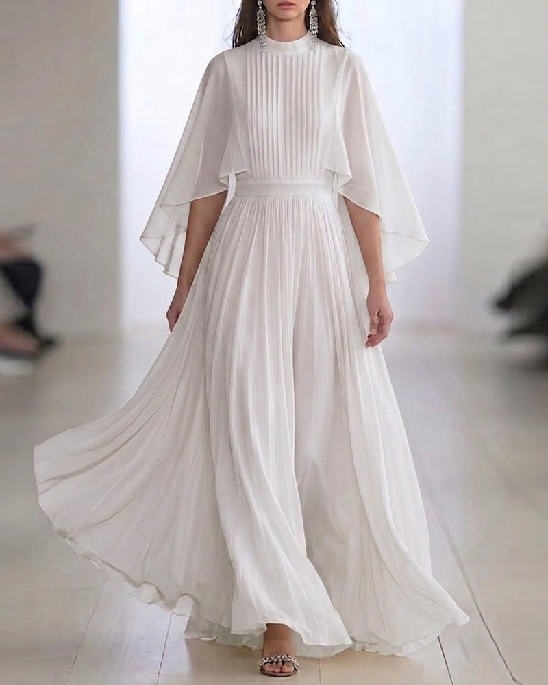 Elegant White Pleated Maxi Dress with Cape Sleeves