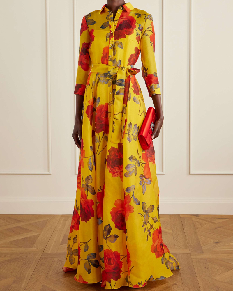Elegant Floral Print Shirt Maxi Dress, Belted 3/4 Sleeve Chiffon Formal Evening Gown