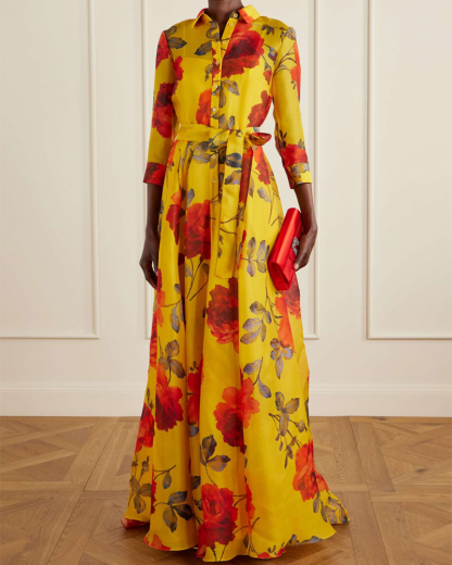 Elegant Floral Print Shirt Maxi Dress, Belted 3/4 Sleeve Chiffon Formal Evening Gown