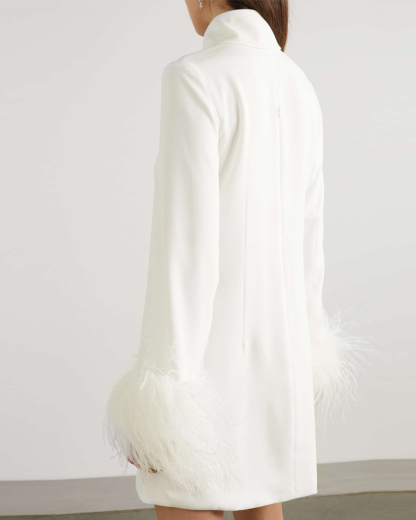 Elegant White Feather Cuff High Neck Mini Dress, Formal Party Dress