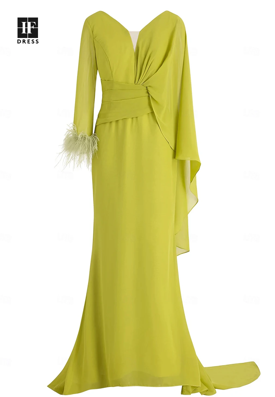 Long-Sleeves V-Neck Chiffon Mermaid Mother of the Bride Dress Pleated Floor-Length Cocktail Gowns