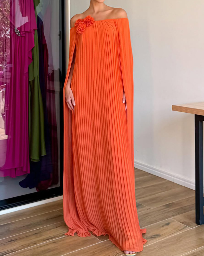 Off-the-Shoulder Pleated Dress with Shawl Detail