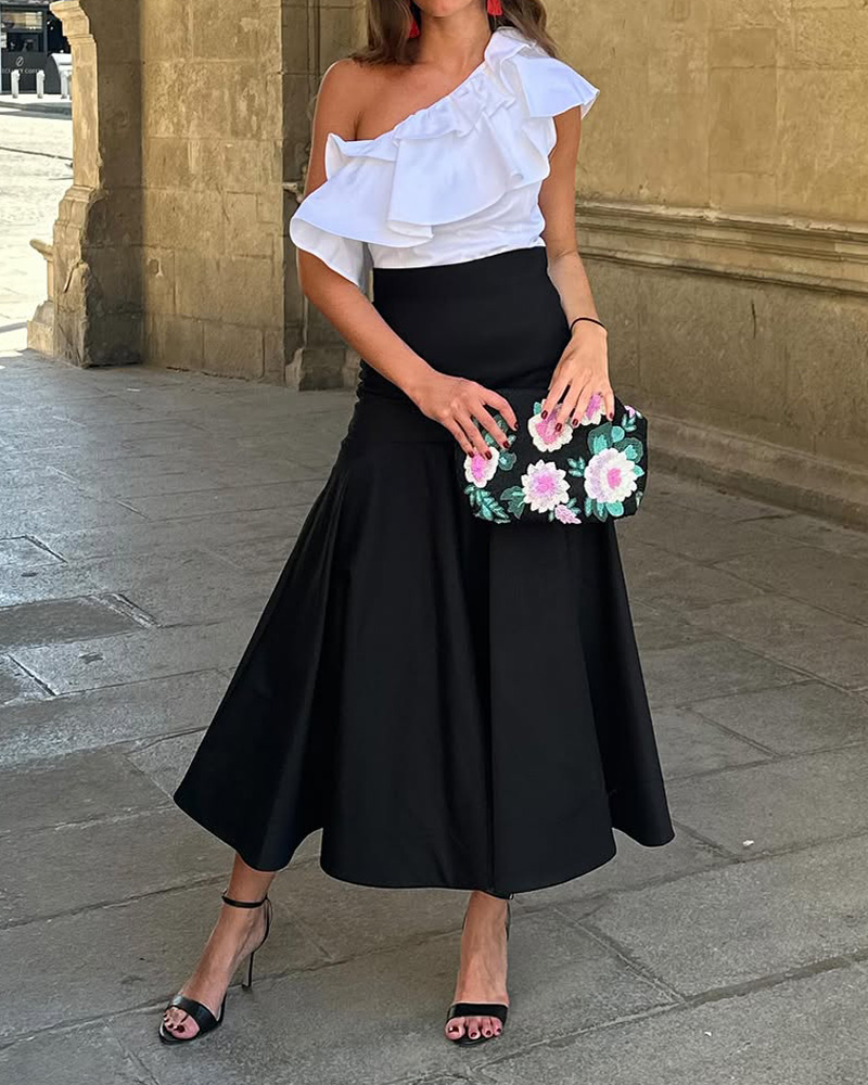 Solid-Color One-Shoulder Two-Piece Set