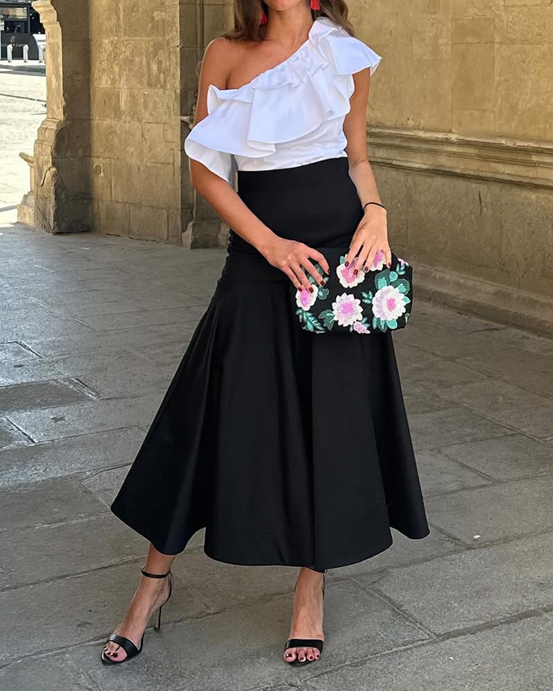 Solid-Color One-Shoulder Two-Piece Set