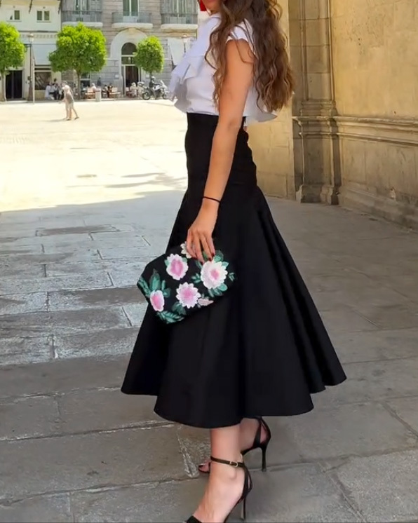 Solid-Color One-Shoulder Two-Piece Set