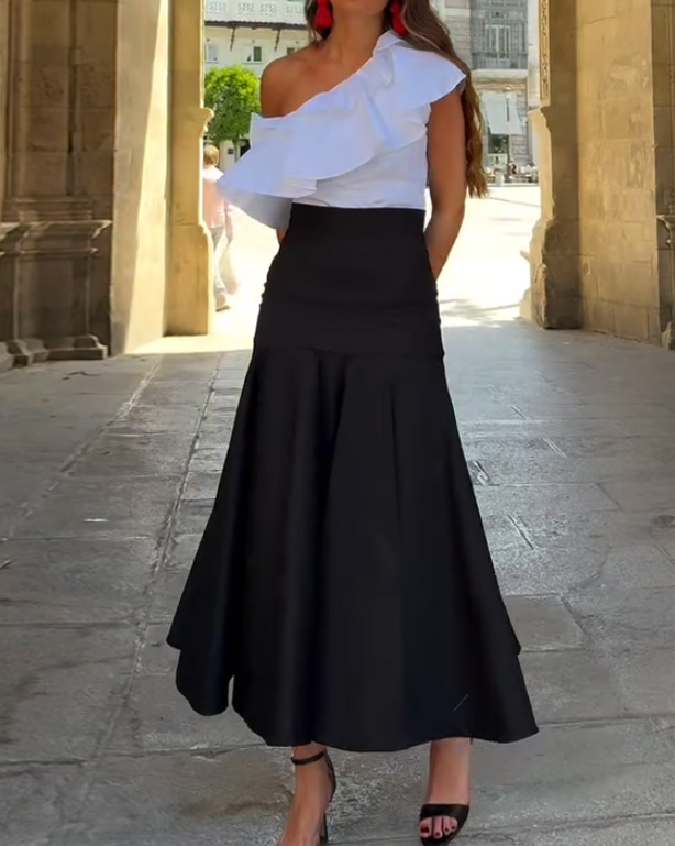 Solid-Color One-Shoulder Two-Piece Set