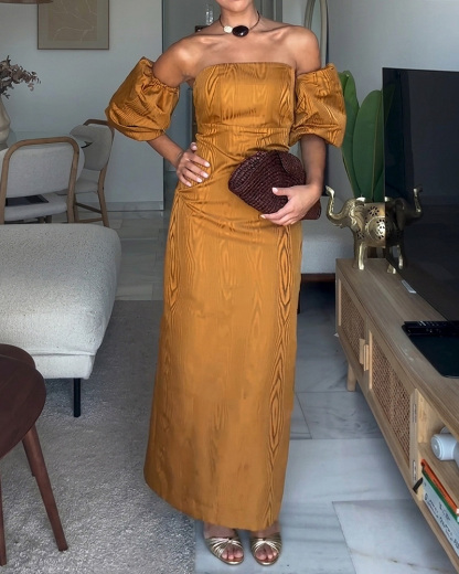 Solid-Color Printed Dress with Puff Sleeves