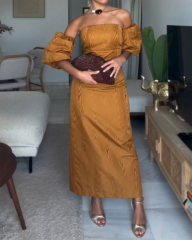 Solid-Color Printed Dress with Puff Sleeves