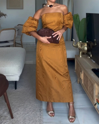 Solid-Color Printed Dress with Puff Sleeves