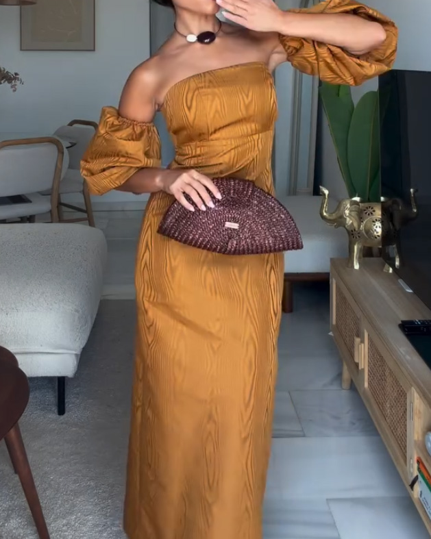 Solid-Color Printed Dress with Puff Sleeves